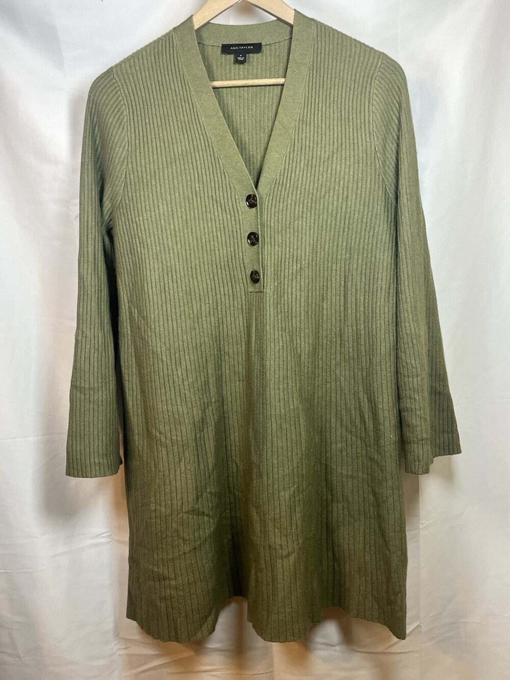 ann taylor green sweater dress henley ribbed knit womens medium casual comfort Jacquard sweater